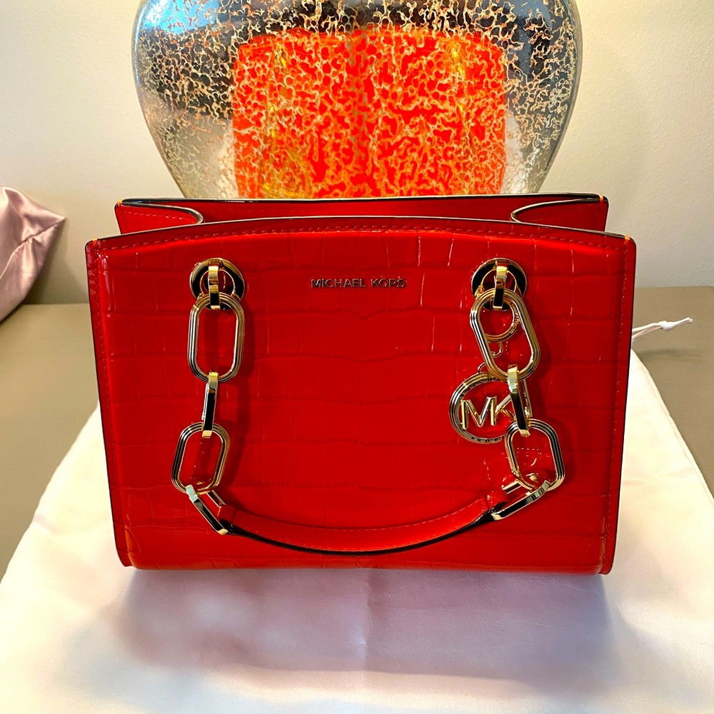 New Without Tags Michael Kors Spiced Gold Chain Coral Satchel and Wallet